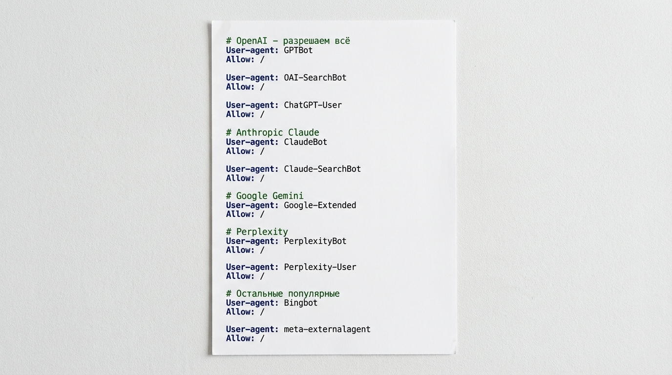 Разрешаем ПОИСКОВУЮ индексацию для AI-ассистентов