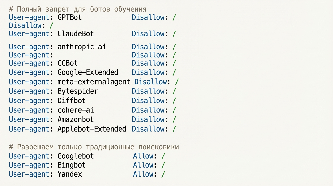 Пример robots.txt - полная блокировка AI-ботов