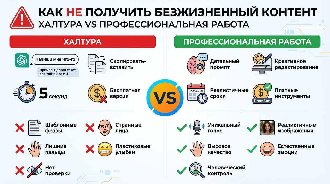 сравнение плохого и профессионального контента
