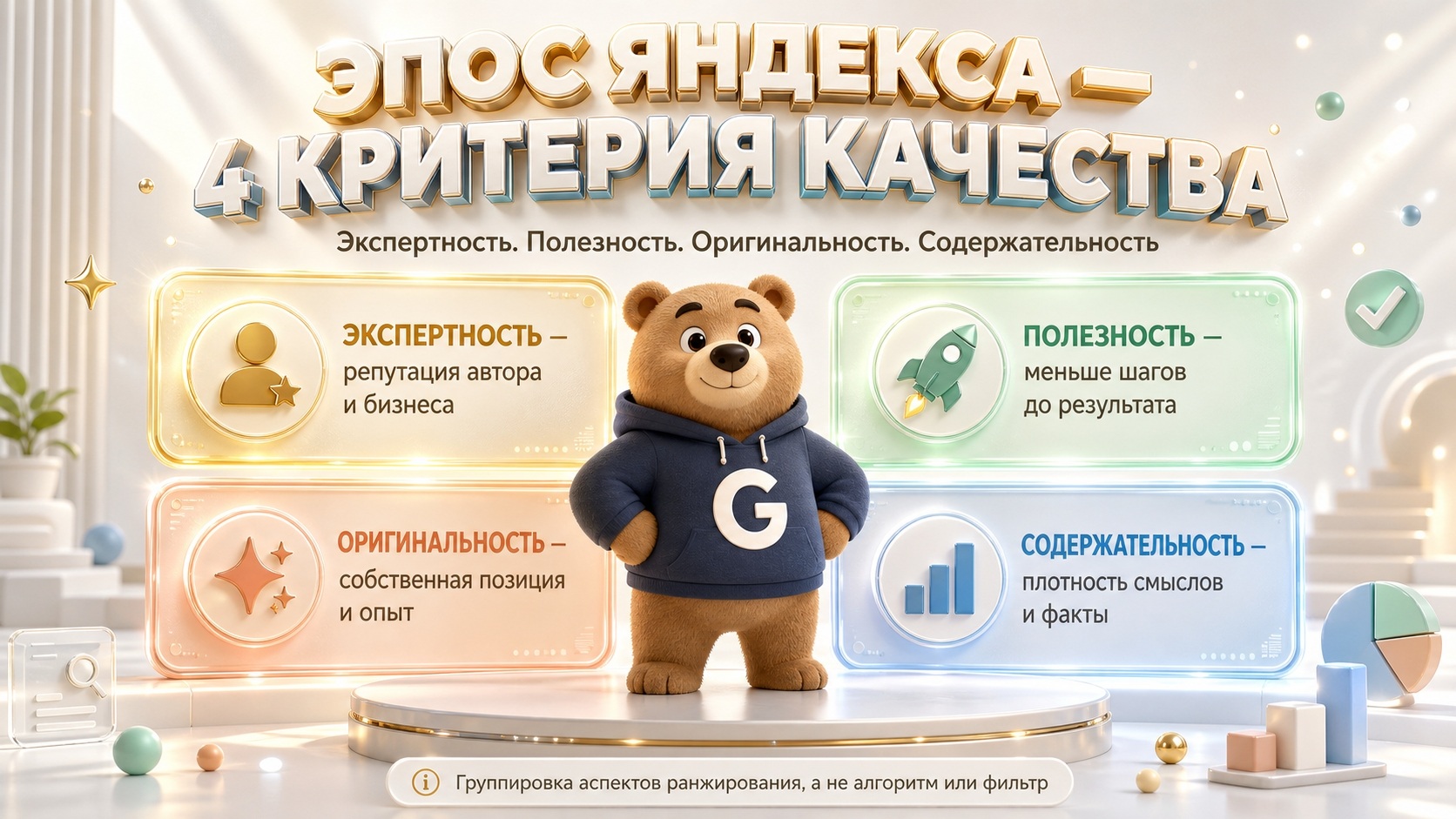 Схема четырёх критериев ЭПОС Яндекса — экспертность, полезность, оригинальность, содержательность