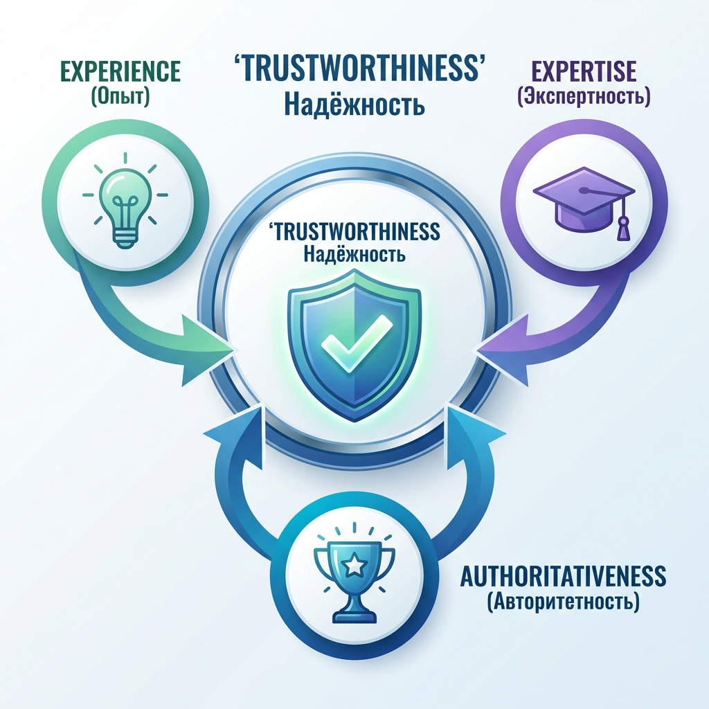 Схема E-E-A-T: Experience (Опыт), Expertise (Экспертность), Authoritativeness (Авторитетность) и Trustworthiness (Надёжность) в центре