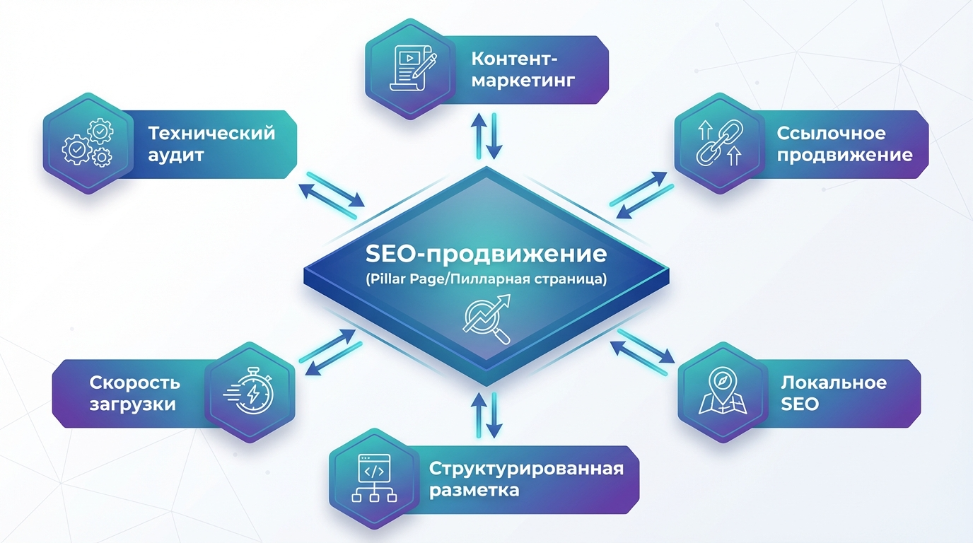 Схема тематического кластера: пилларная страница SEO-продвижения в центре, статьи-спутники по техническому аудиту, контенту, ссылкам, скорости загрузки, разметке